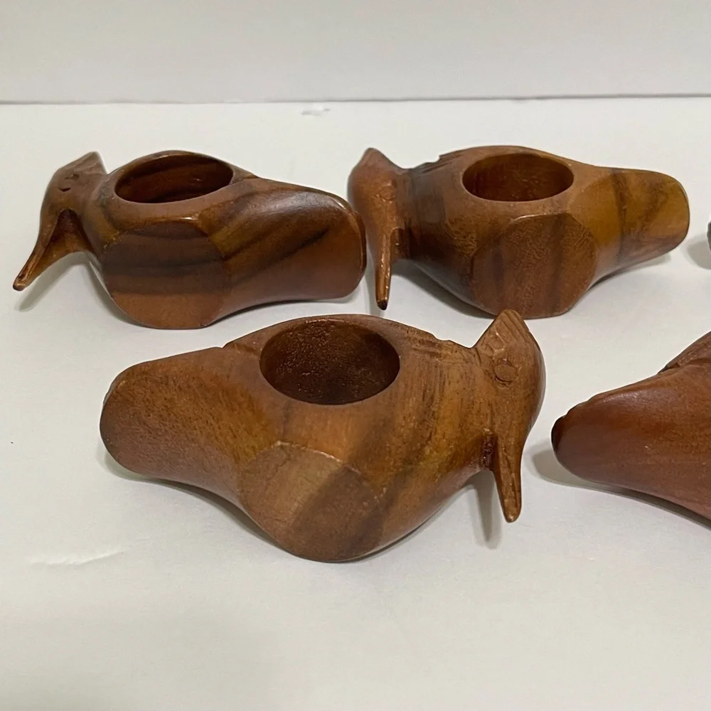 Woodpecker Bird Napkin Rings Hand Carved Wood Rustic Farmhouse Cabin Set of 6